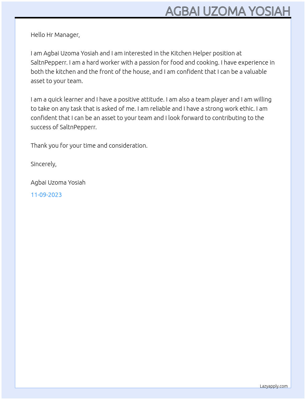 Kitchen Helper At SaltnPepperr Cover Letter
