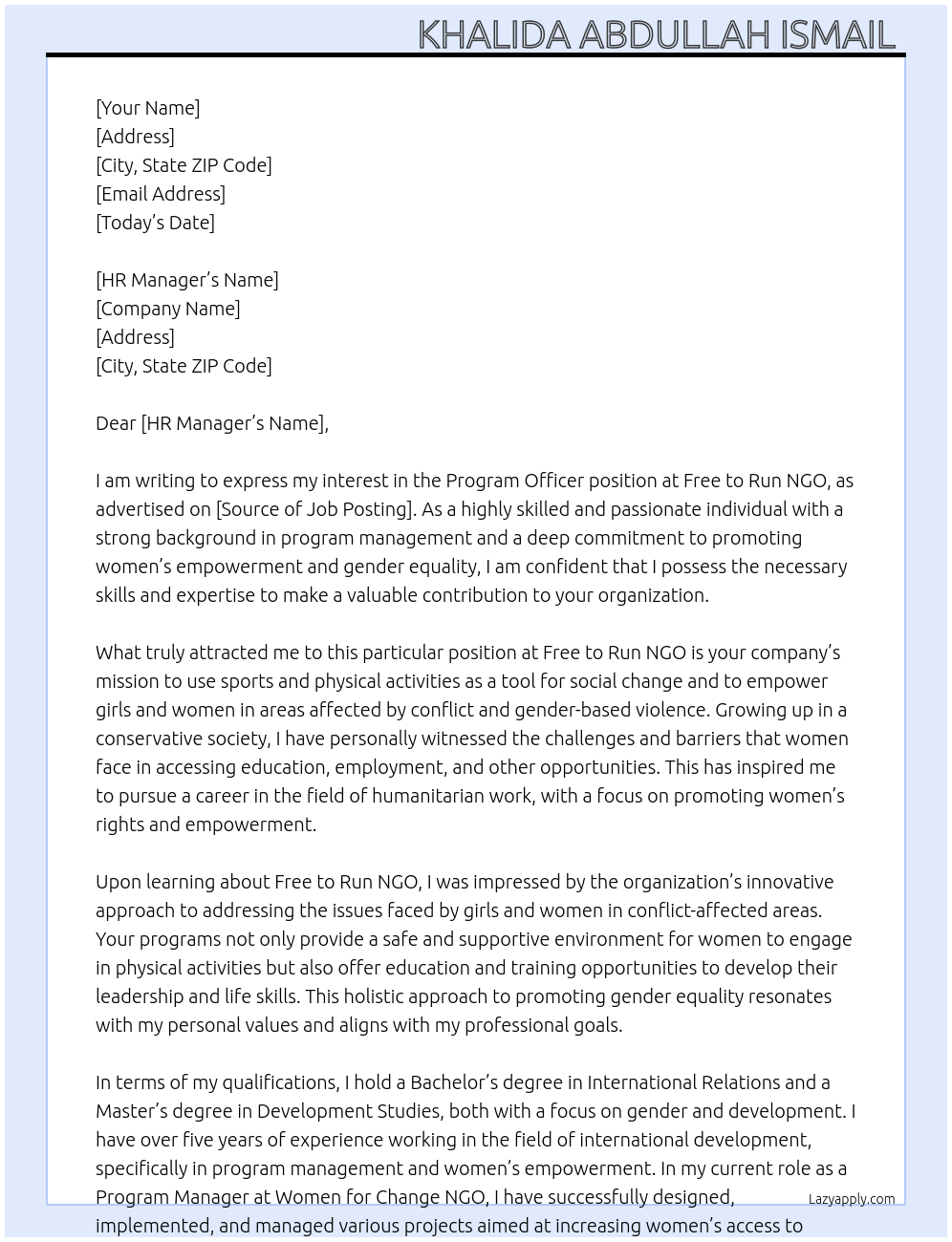 Program officer At Free to Run NGO Cover Letter