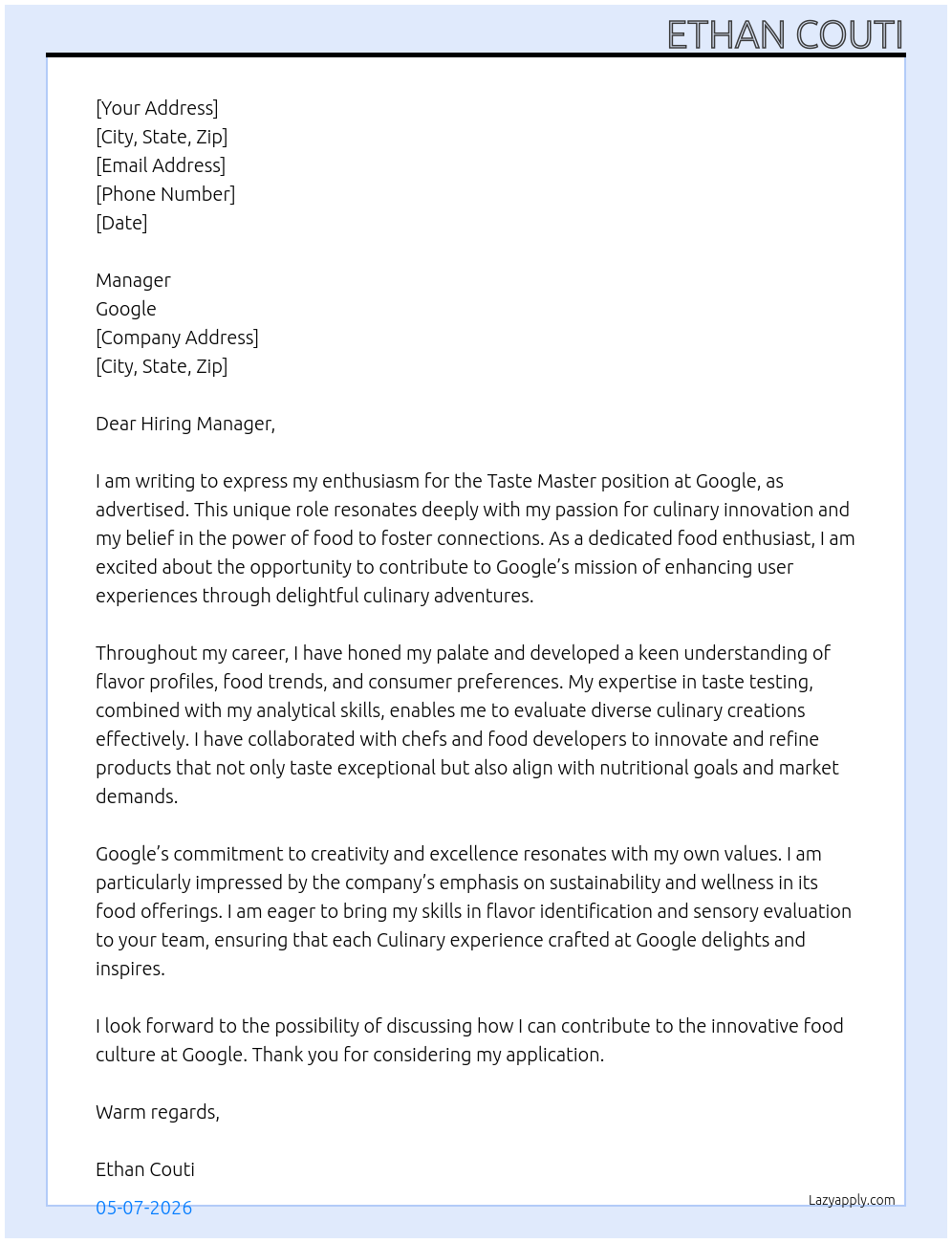 Taste Master At google Cover Letter