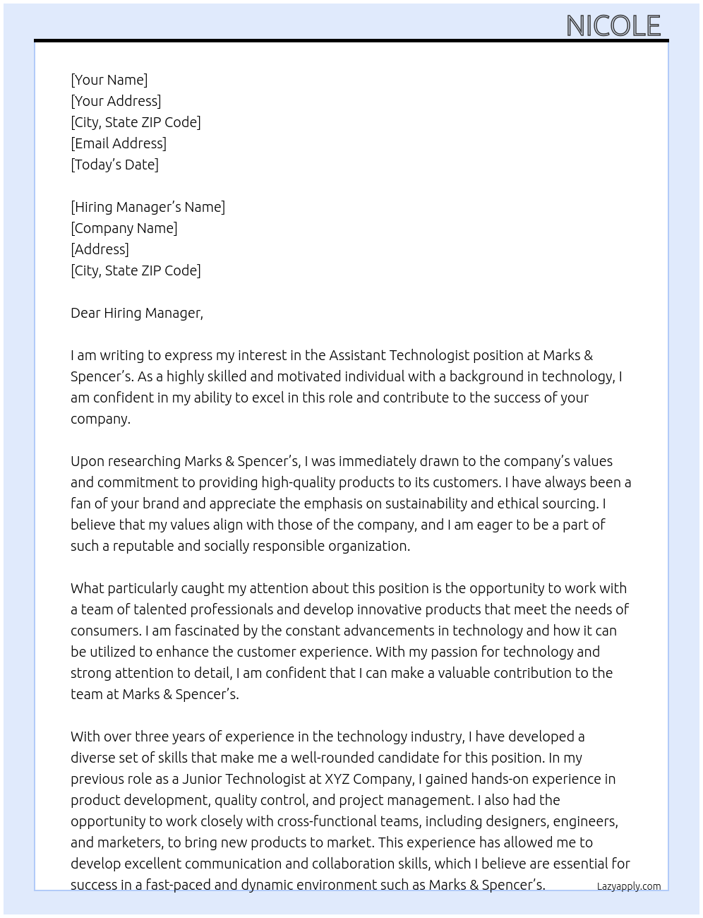 Assistant Technologist At Marks & Spencer’s Cover Letter