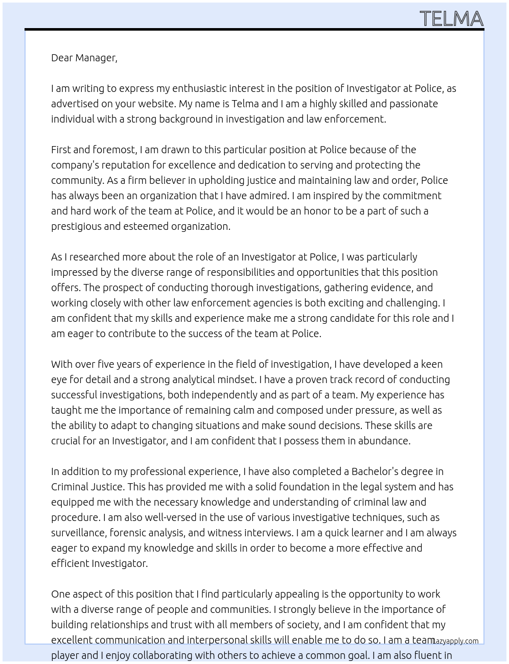 Investigator At Police Cover Letter