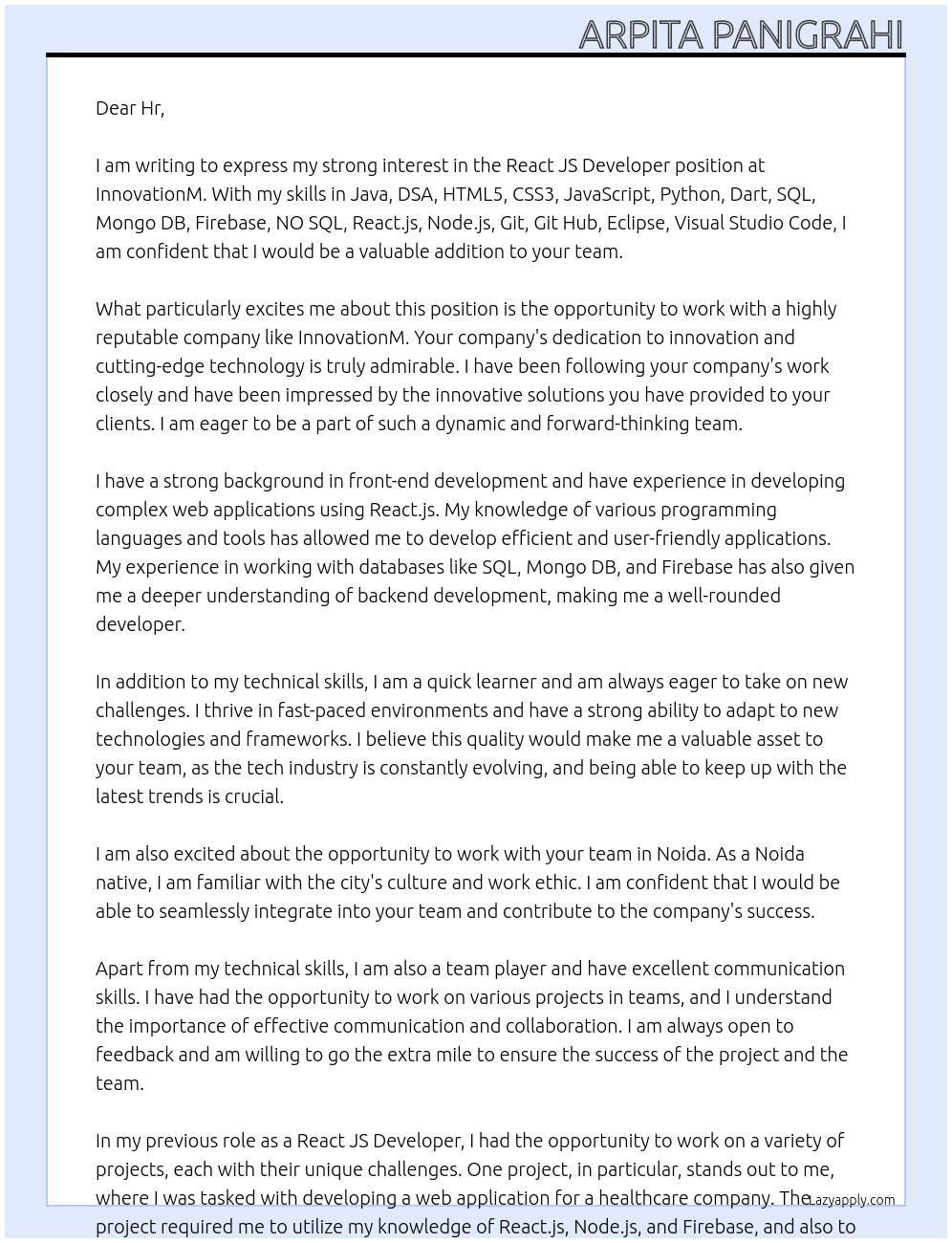 React js developer At InnovationM Cover Letter