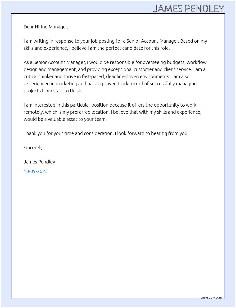 Senior Account Manager At Confidential Cover Letter