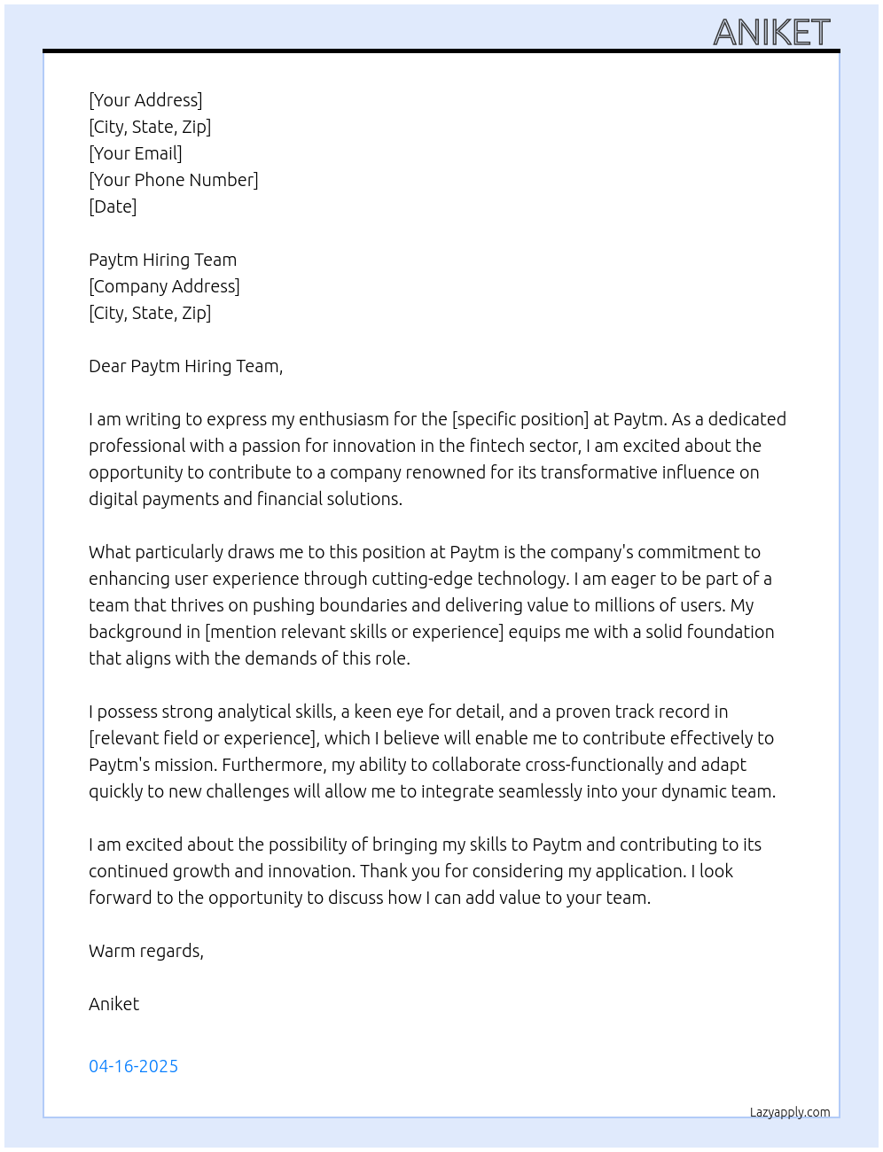 Paytm At Paytm Cover Letter