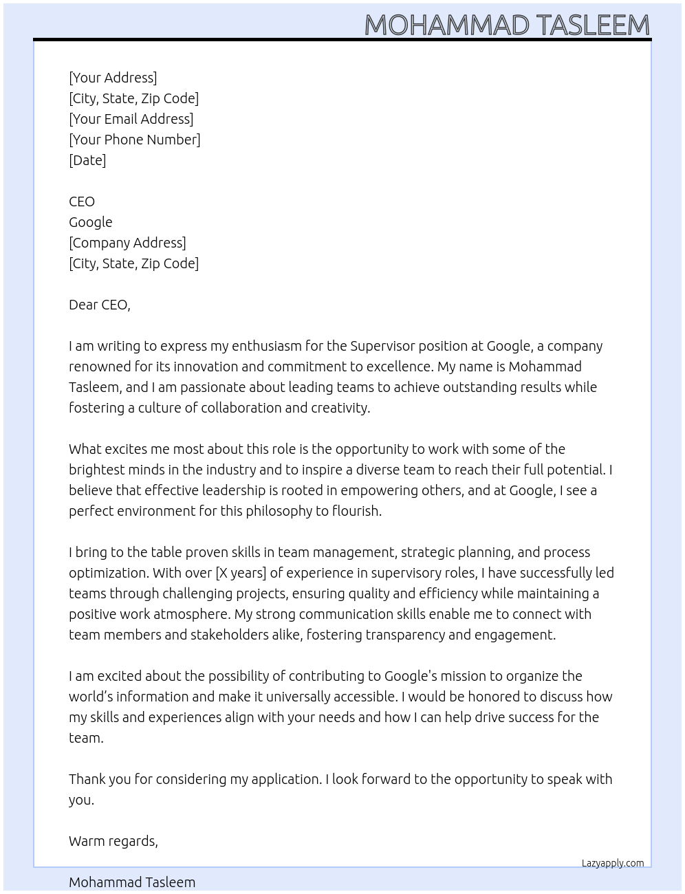 Supervisor At Google Cover Letter