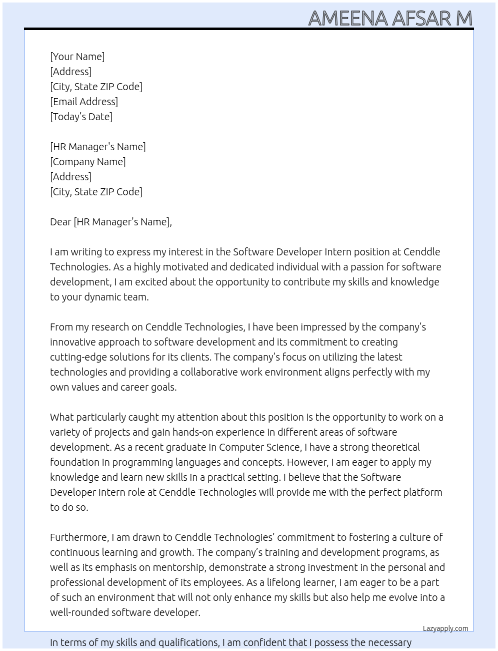 Software Developer Intern At Cenddle Technologies Cover Letter