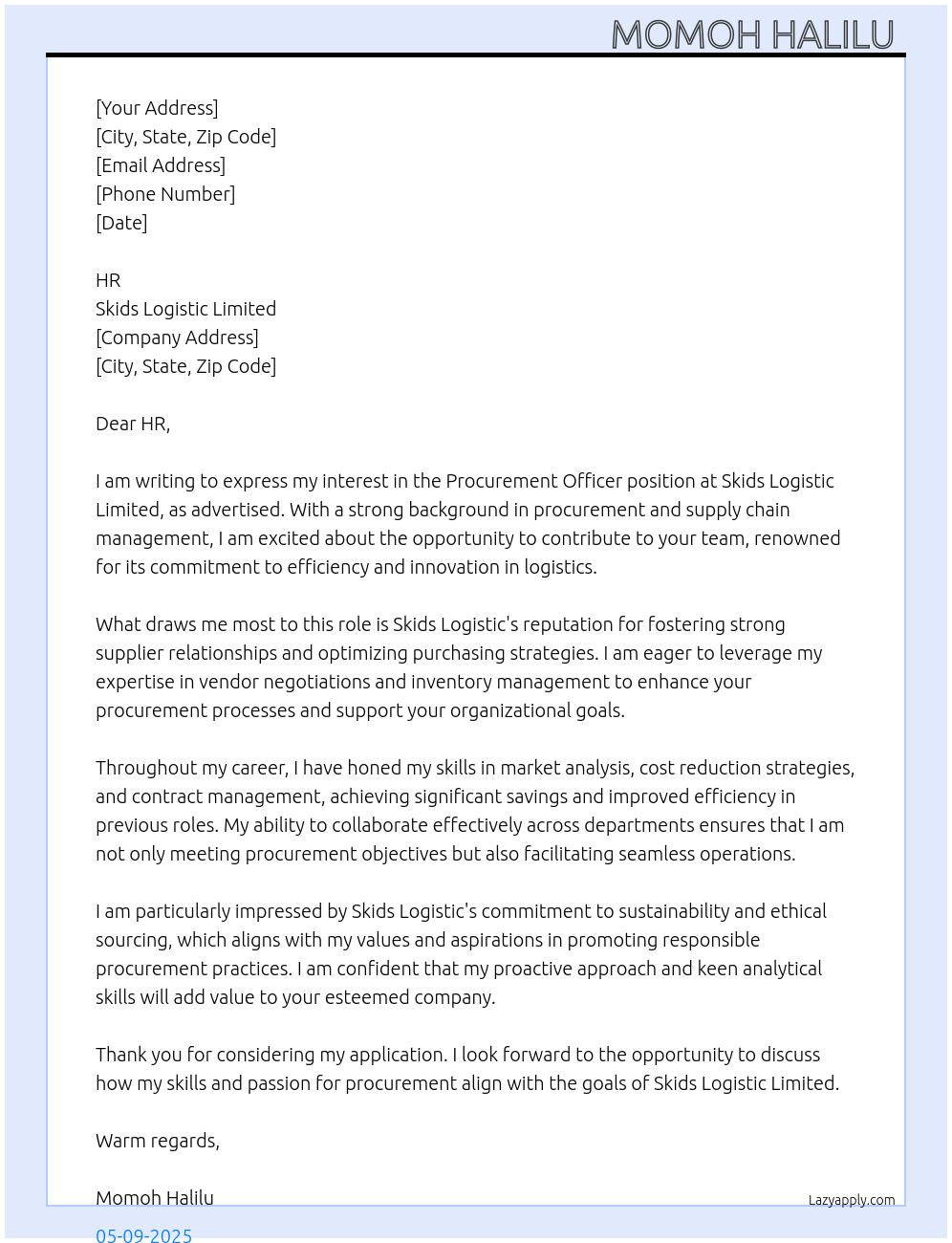 Procurement officer At Skids Logistic Limited Cover Letter