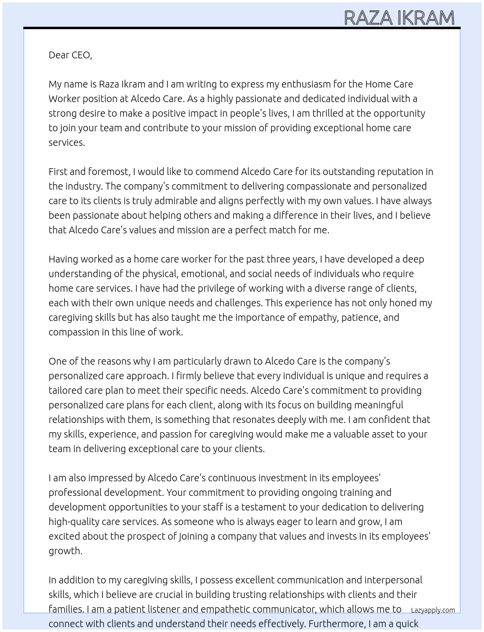 Home care worker  At Alcedo care  Cover Letter