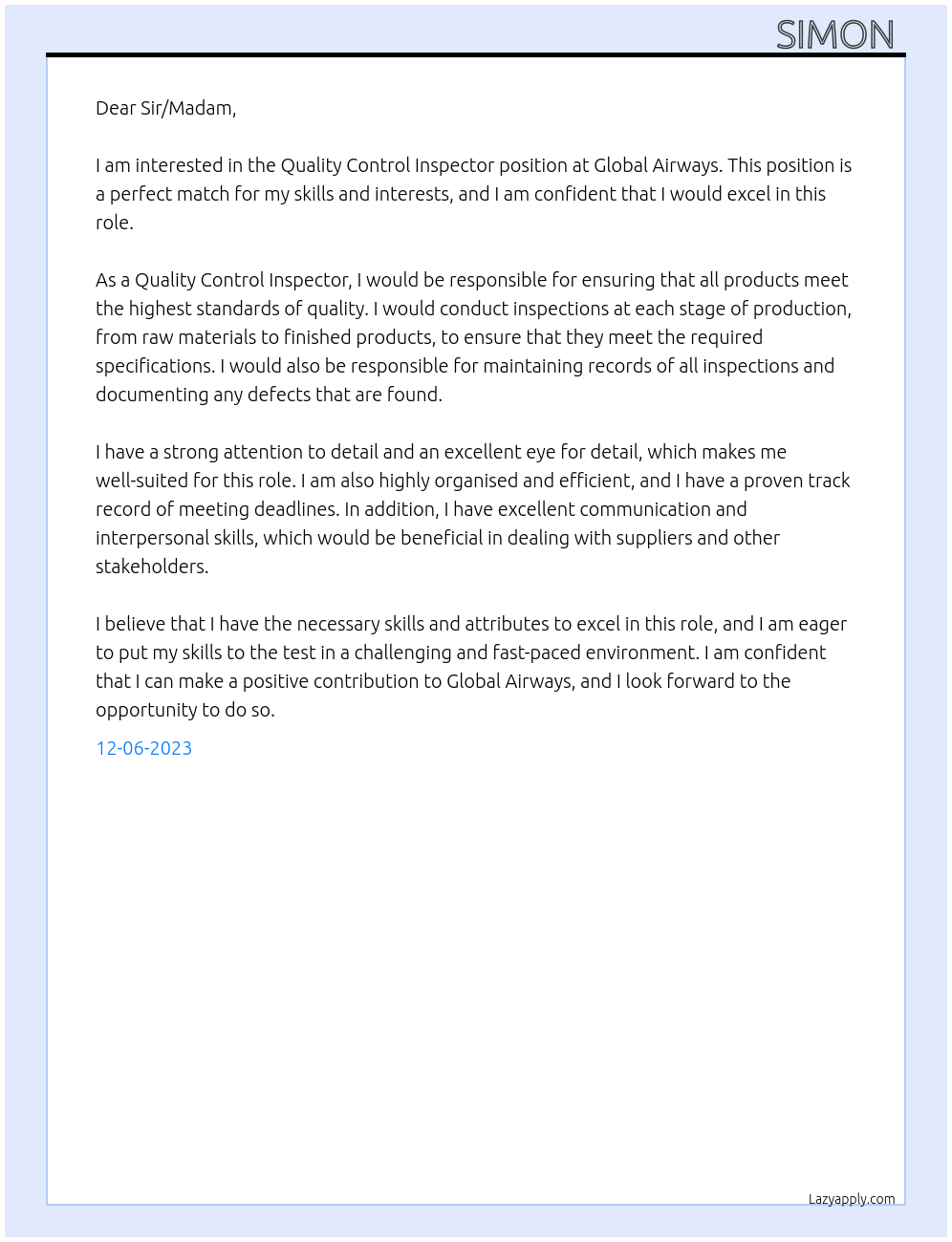 Quality Control Inspector At Global Airways Cover Letter