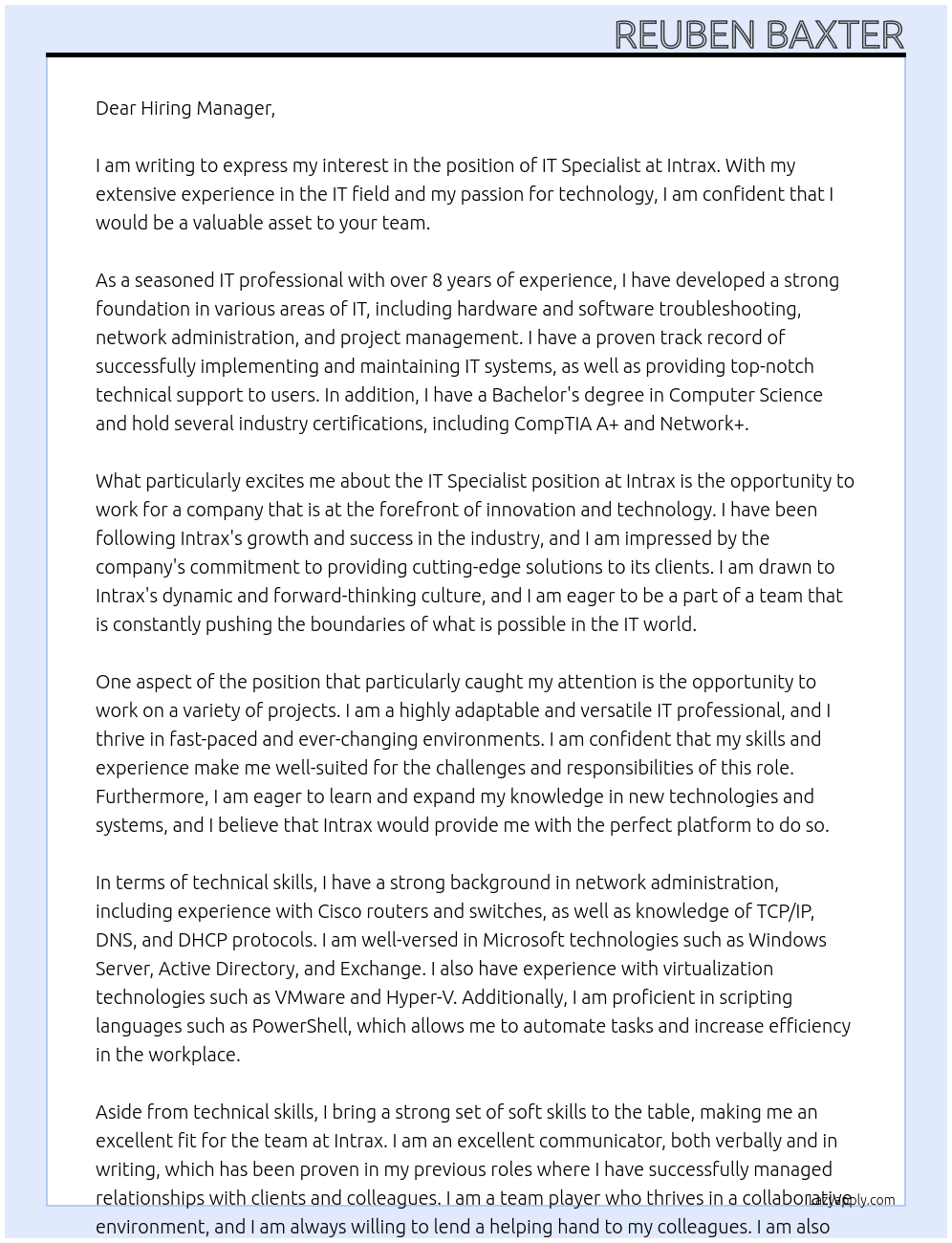 IT Specialist At Intrax Cover Letter