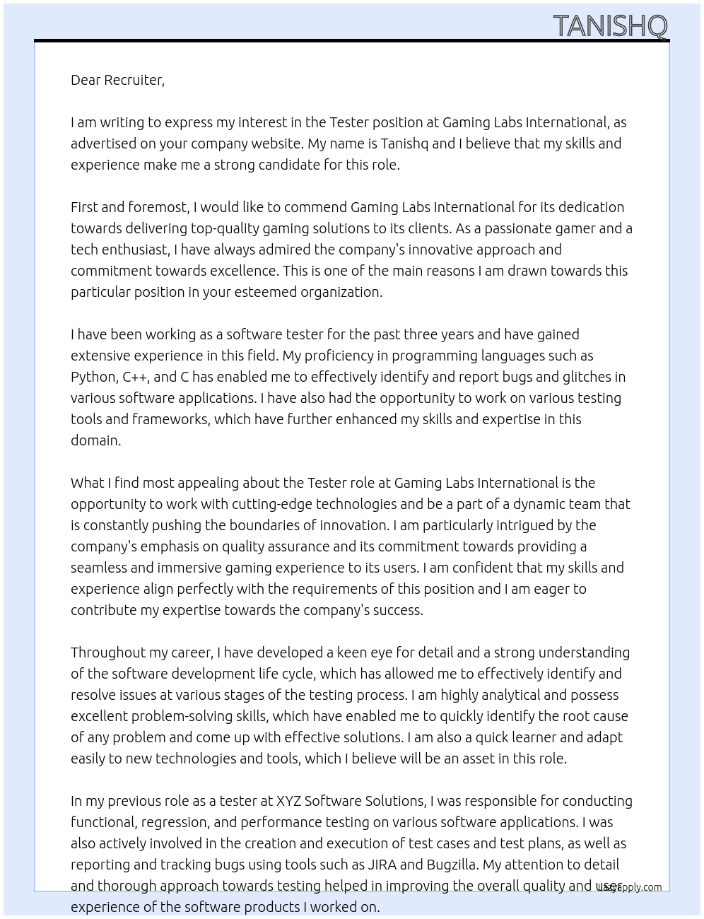 Tester At Gaming Labs International Cover Letter