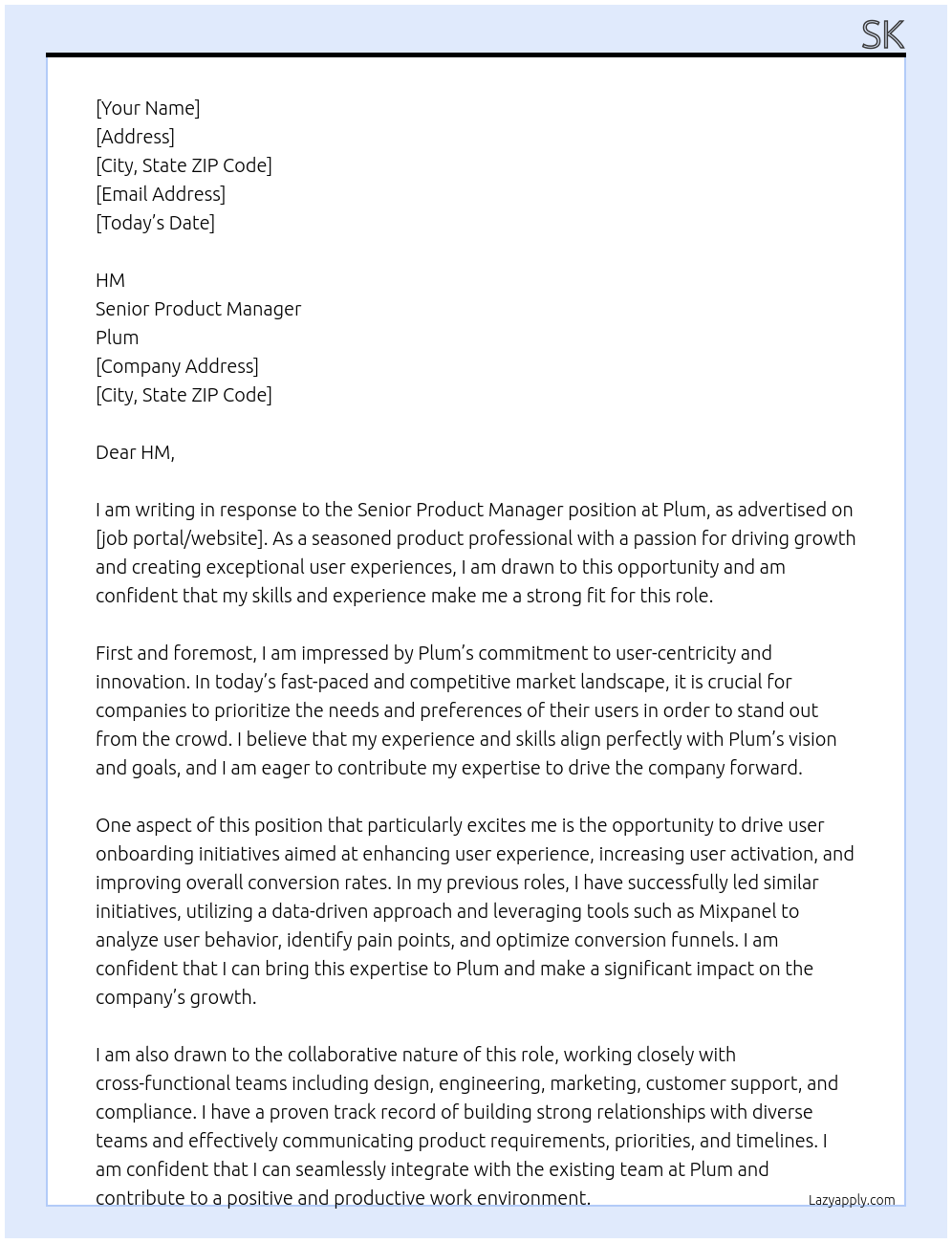 Senior Product Manager At Plum Cover Letter