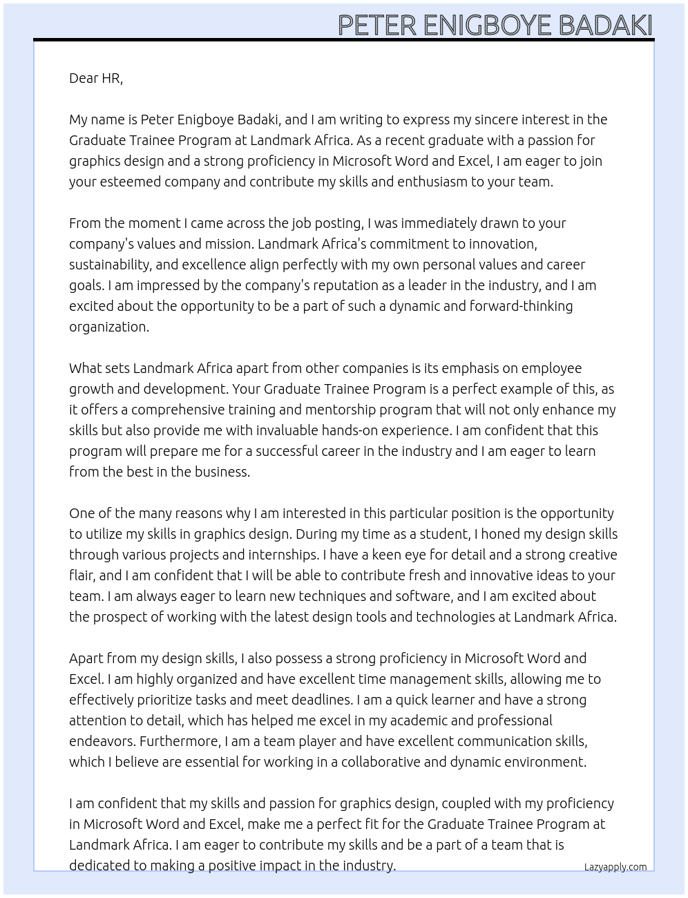 Graduate trainee program At Landmark Africa Cover Letter