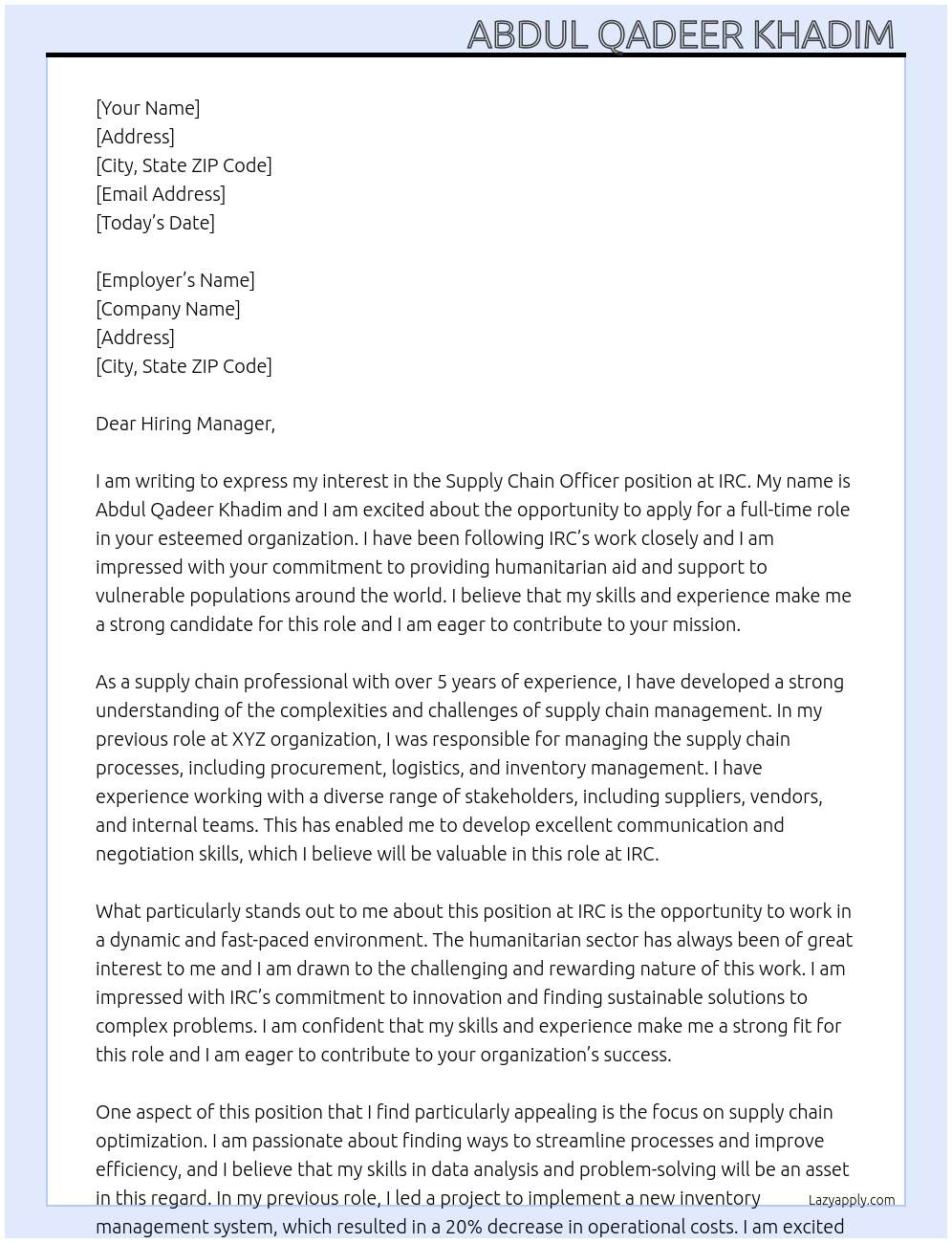 Supply chain officer At IRC Cover Letter