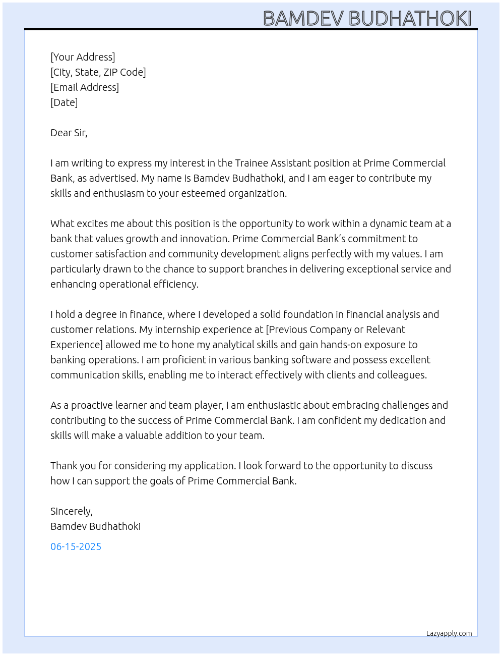 Trainee Assistant At Prime commerical Bank Cover Letter