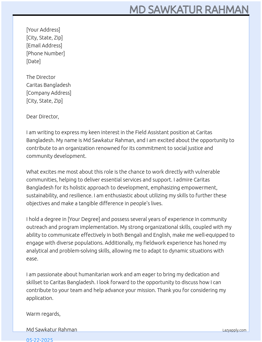 Field assistant At Caritas Bangladesh Cover Letter