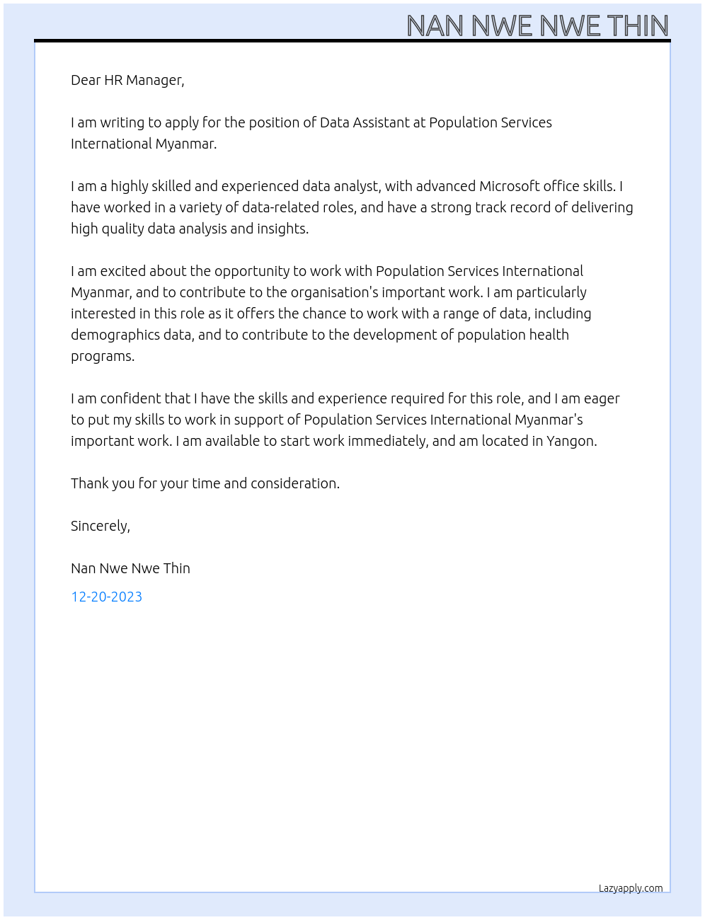 Data Assistant At Population Services International Myanmar Cover Letter