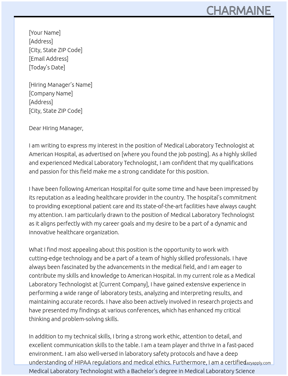 Medical Laboratory Technologist At American Hospital Cover Letter