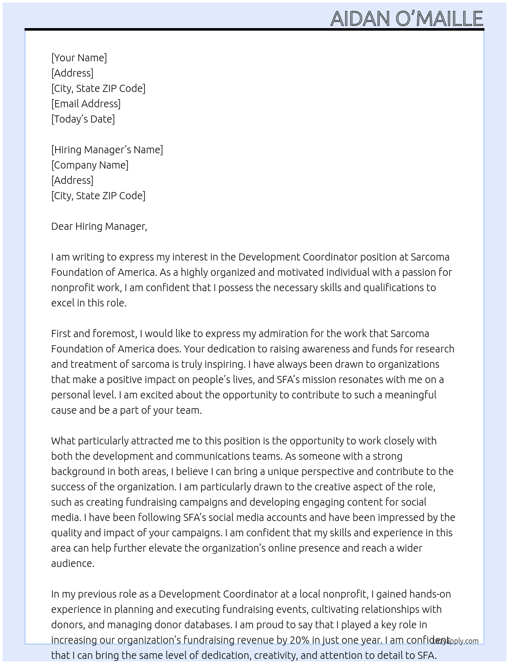 Development Coordinator At Sarcoma Foundation of America Cover Letter