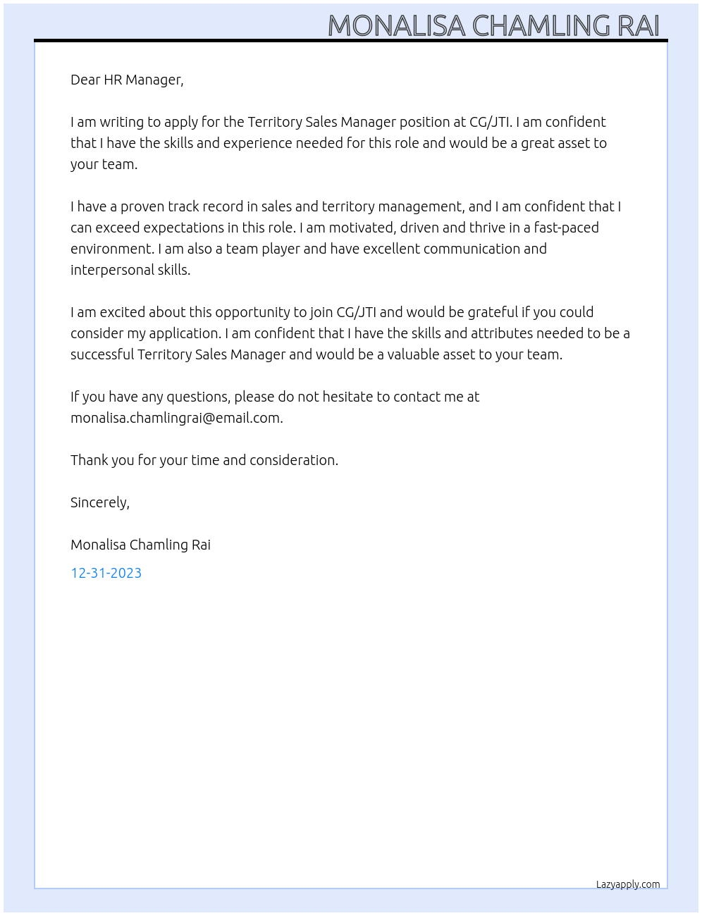 Territory sales manager At CG/JTI Cover Letter