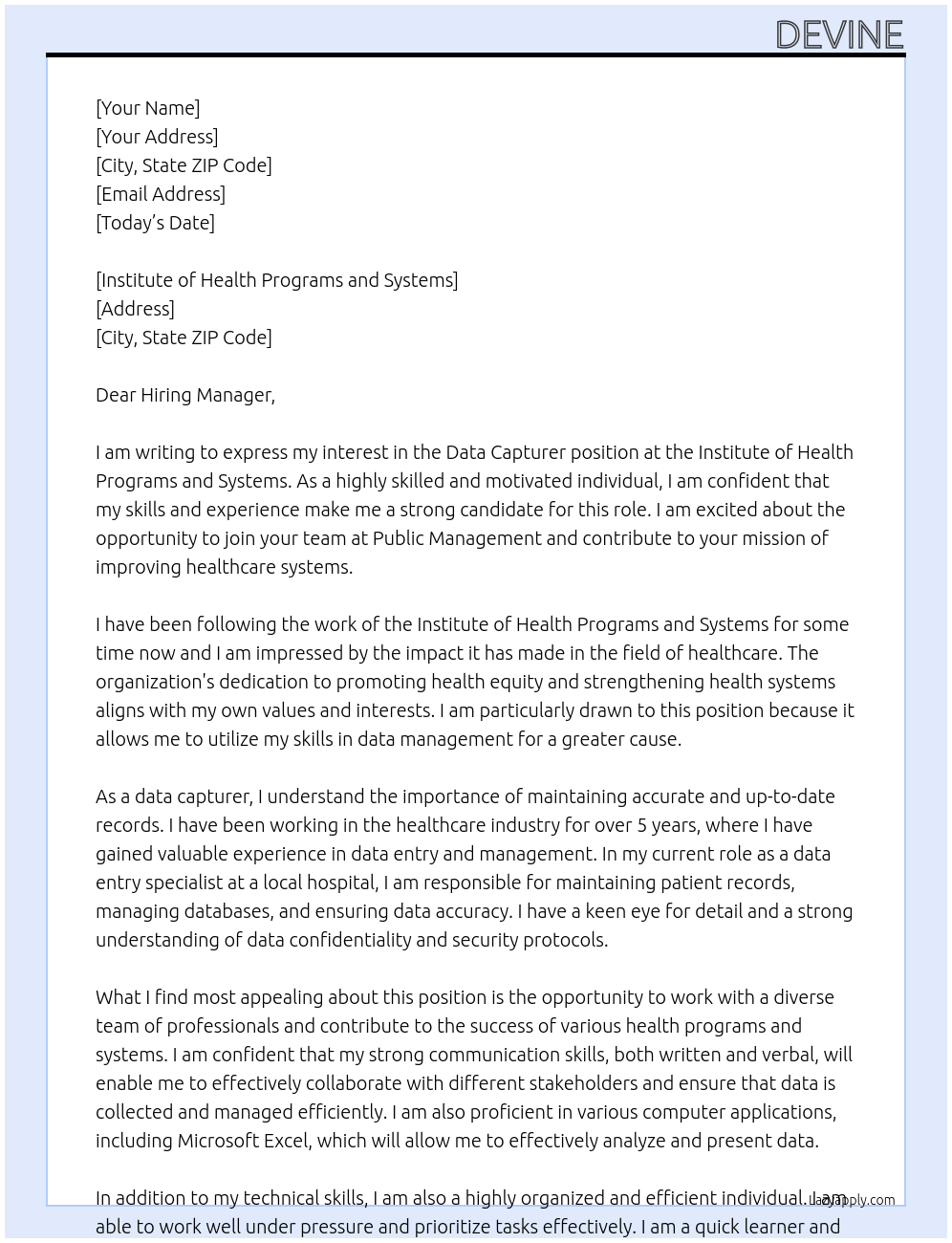 DATA CAPTURER At PUBLIC MANAGEMENT Cover Letter