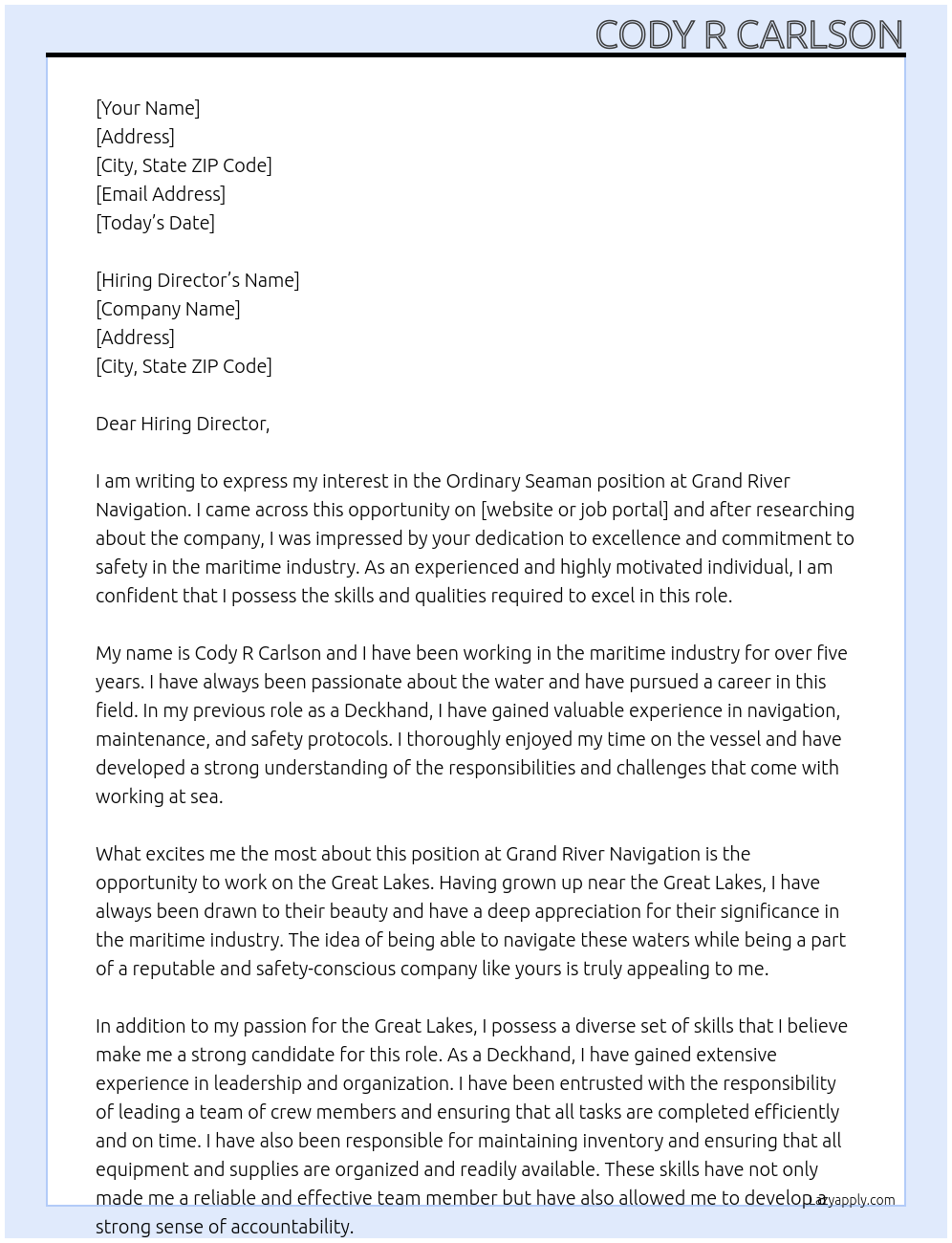 Ordinary Seaman At Grand River Navigation Cover Letter