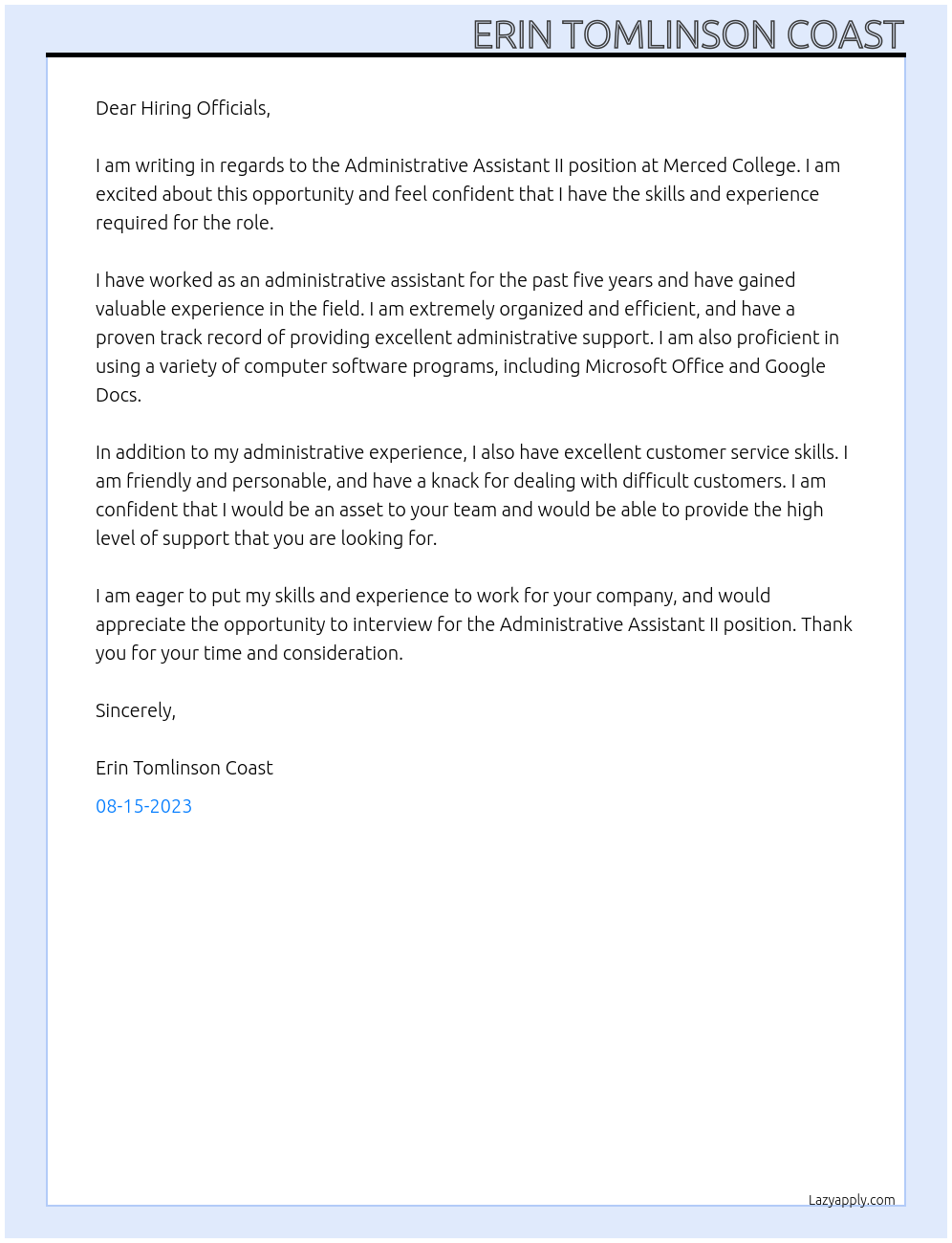 Administrative Assistant II At Merced College Cover Letter