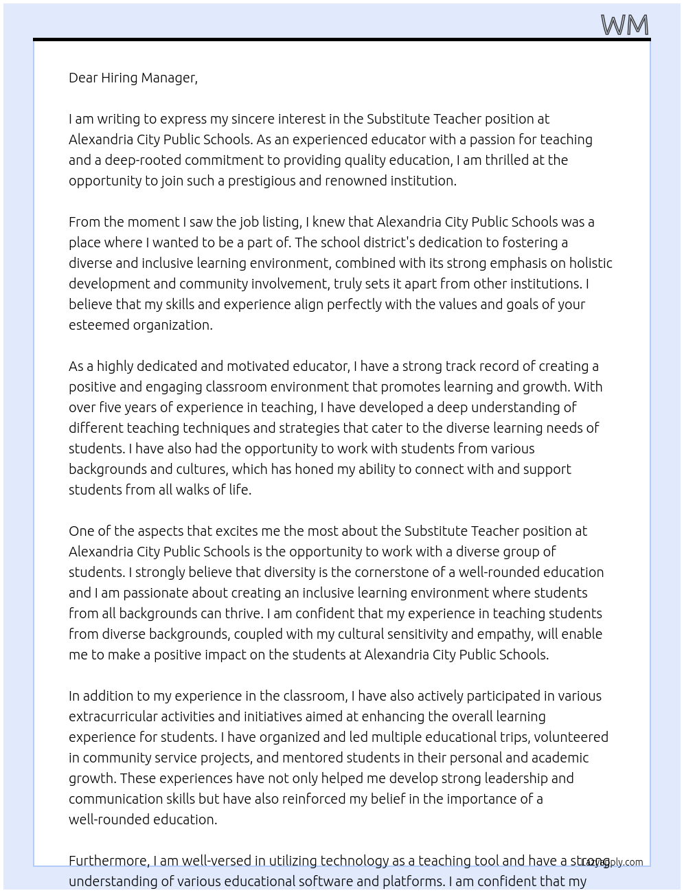 Substitute Teacher At Alexandria City Public Schools Cover Letter