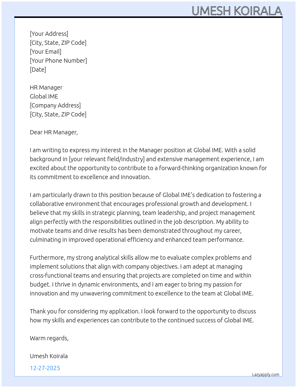 Cover letter for manager - LazyApply