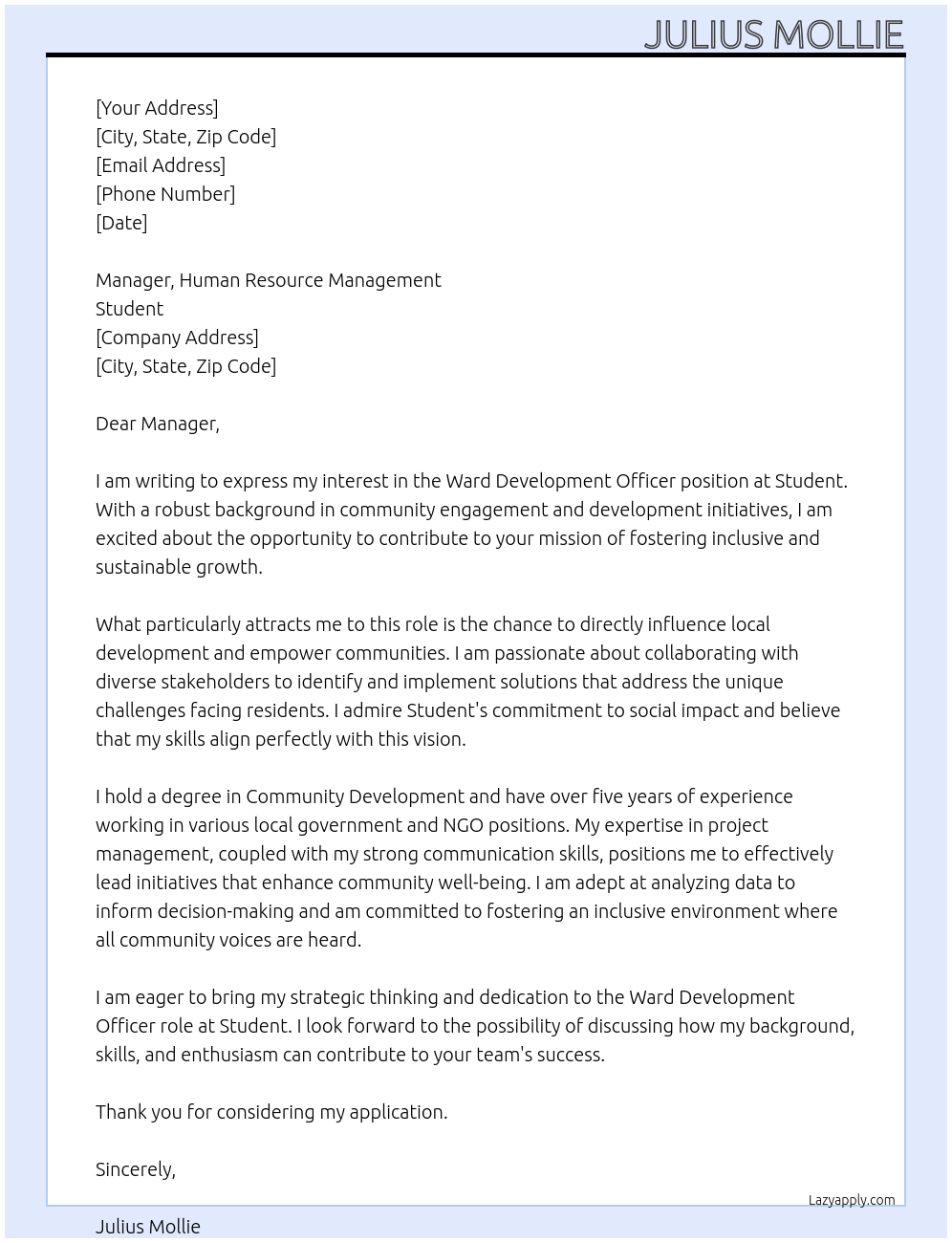 Ward Development Officer At Student Cover Letter