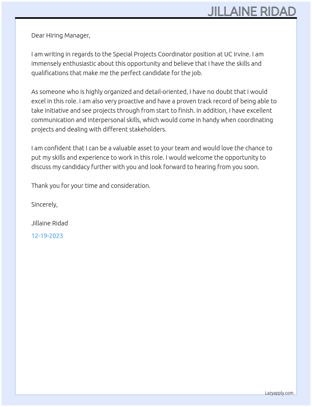 Special Projects Coordinator At UC Irvine Cover Letter