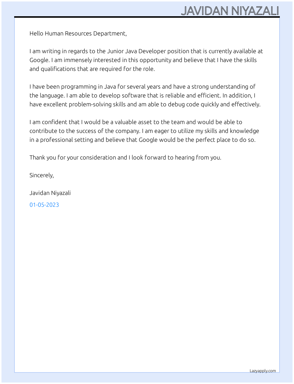 Cover letter for junior java developer - LazyApply