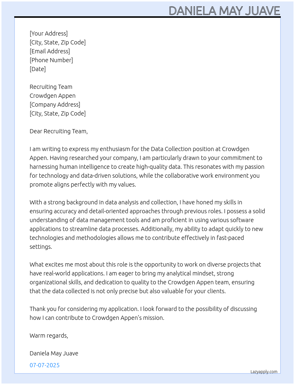 Cover letter for data collection - LazyApply