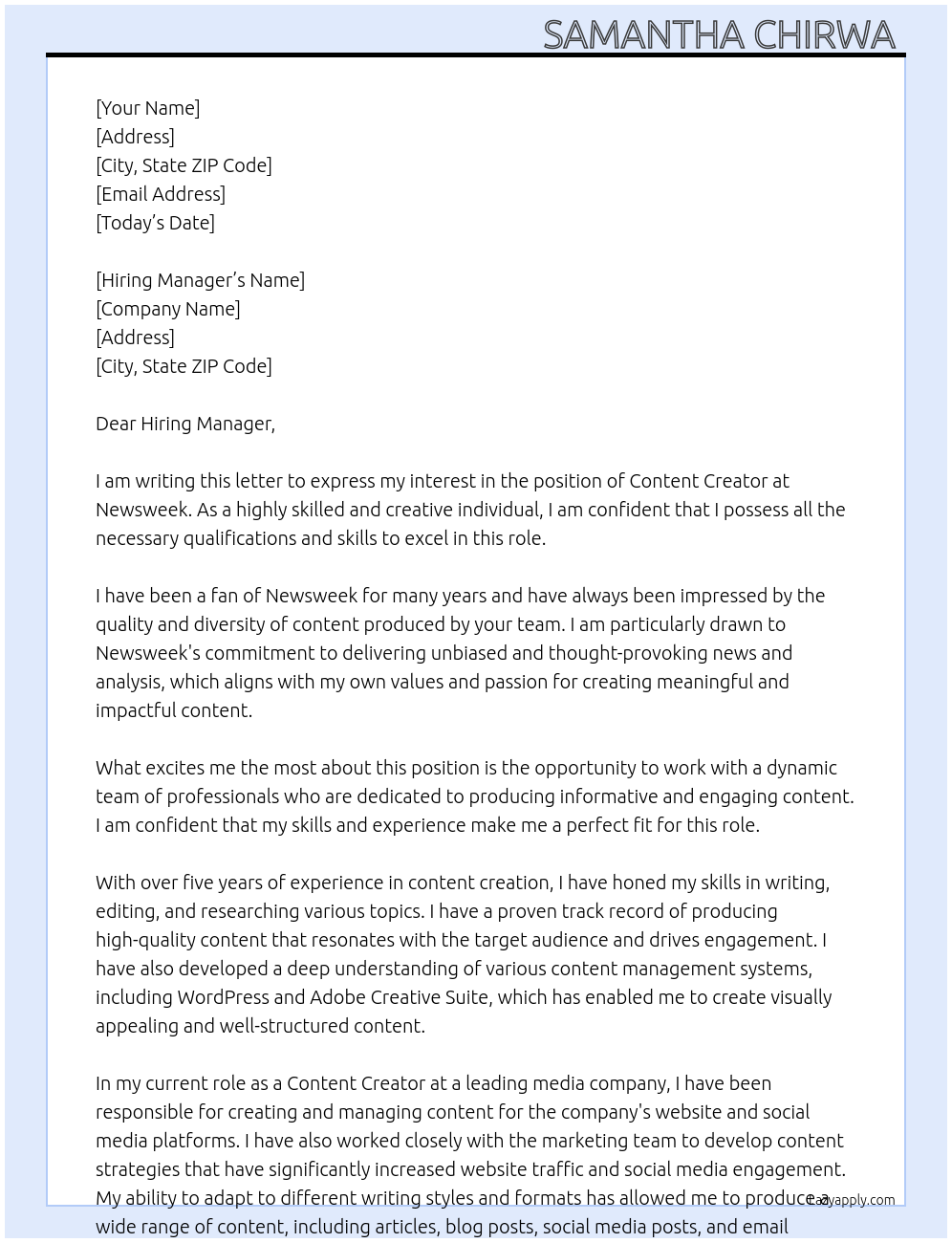 Content creator  At News week Cover Letter