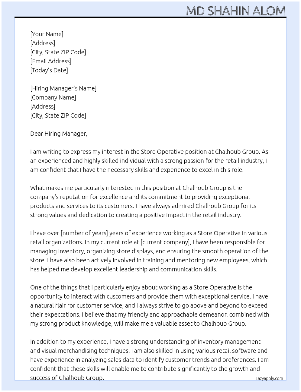 Store Operative At Chalhoub Group Cover Letter