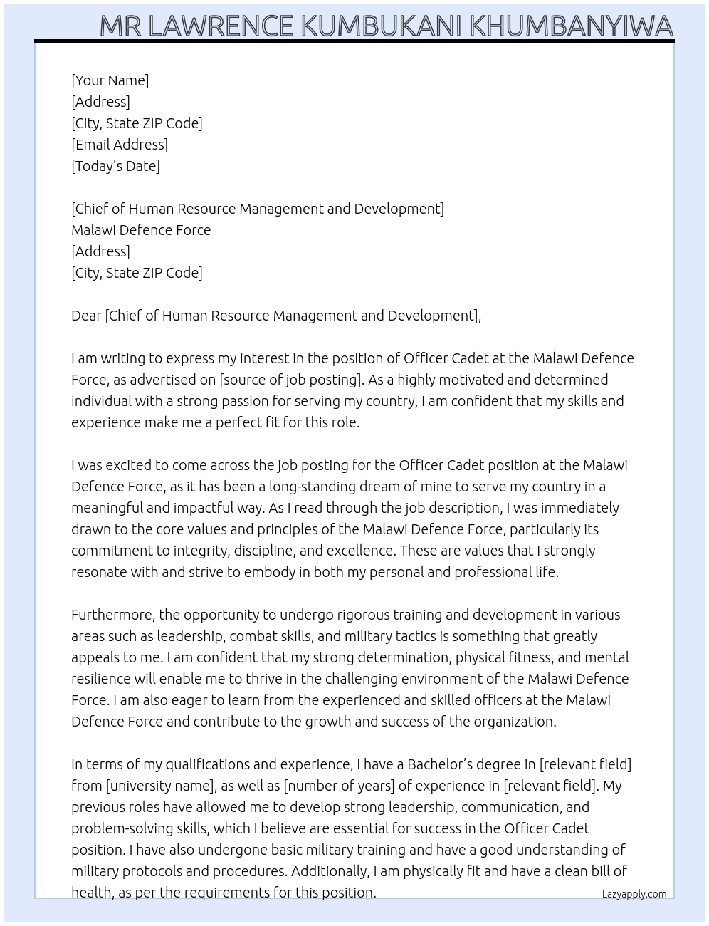 OFFICER CADET At Malawi defence force Cover Letter