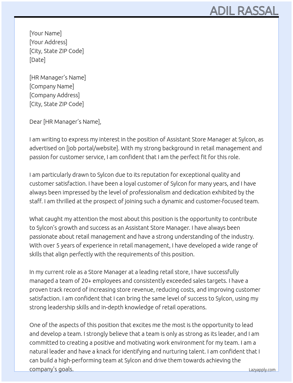 Assistant Store Manager At Sylcon Cover Letter