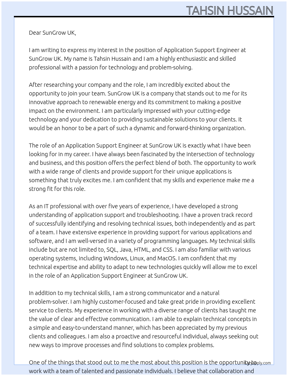 application support engineer At SunGrow UK Cover Letter