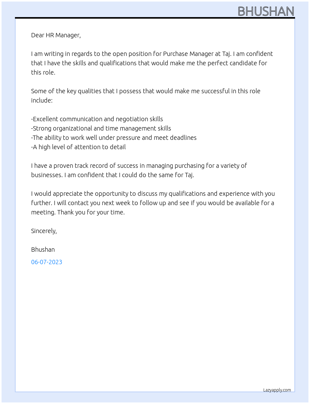 PURCHASE MANAGER At TAJ  Cover Letter