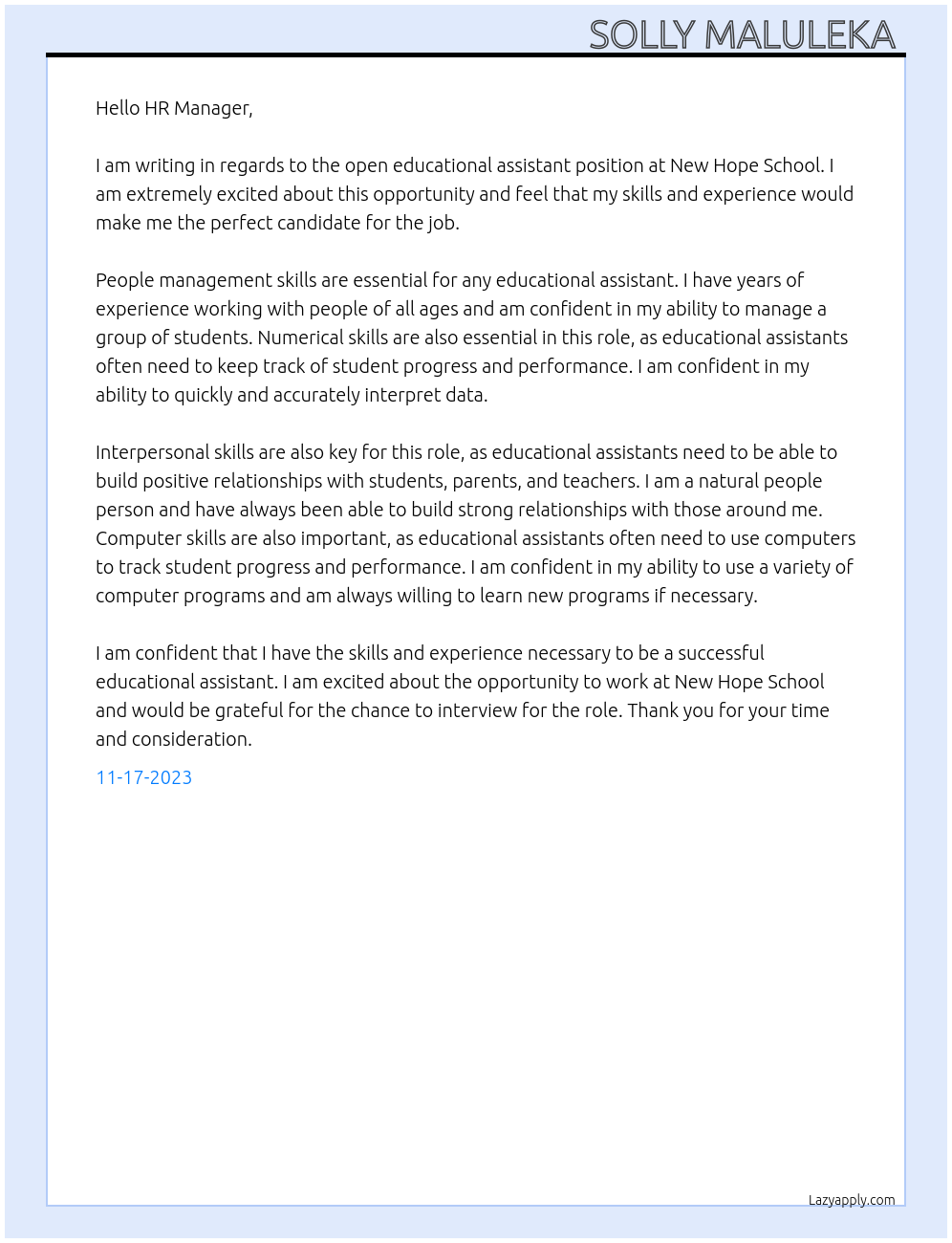 Educational assistant At New Hope School Cover Letter