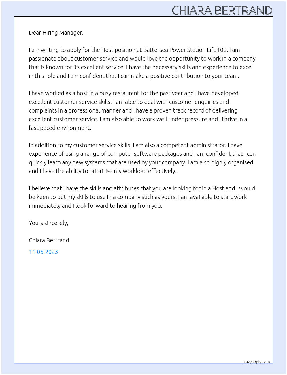 Host At Battersea Power Station Lift 109 Cover Letter