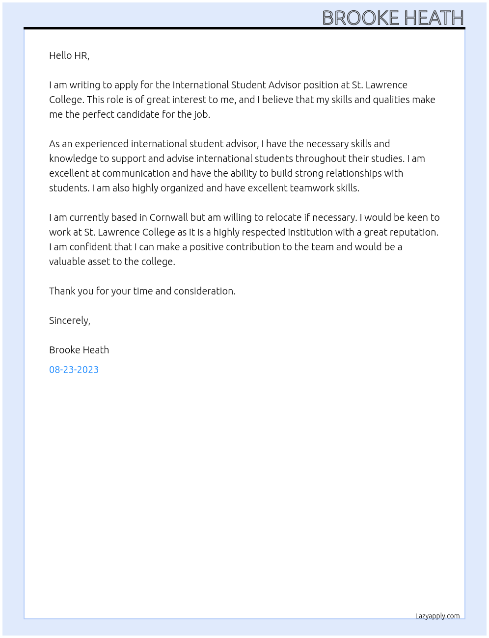 International student advisor  At St. Lawrence College Cover Letter