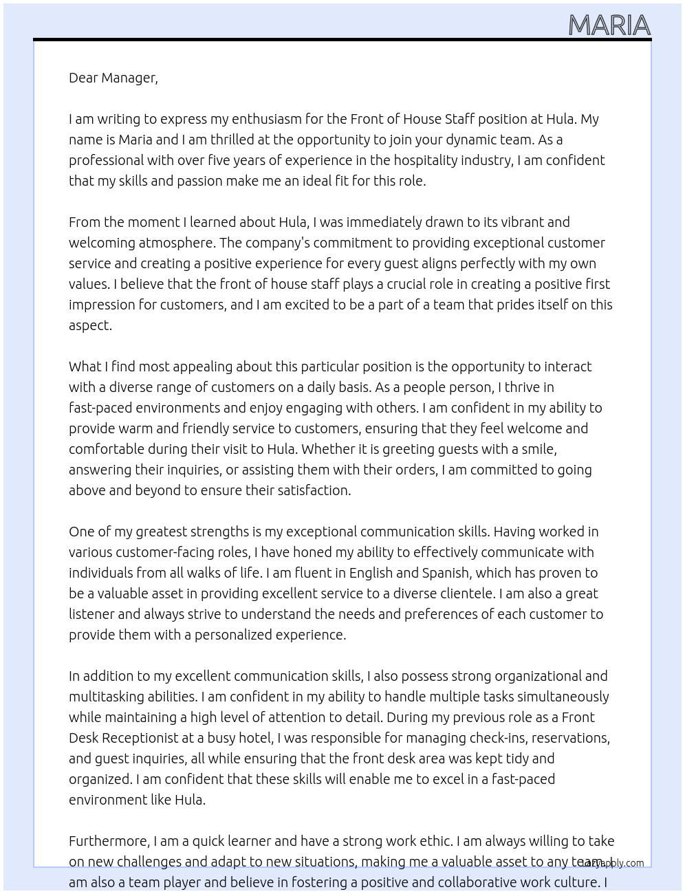 Front of house staff At Hula Cover Letter