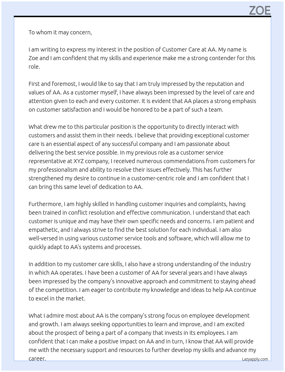 Customer care At AA Cover Letter