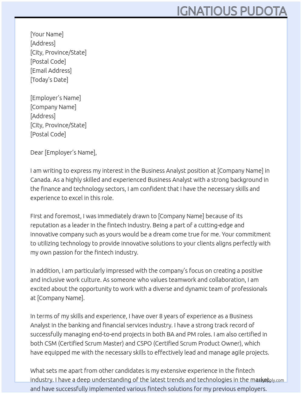 Business Analyst At Canada Cover Letter