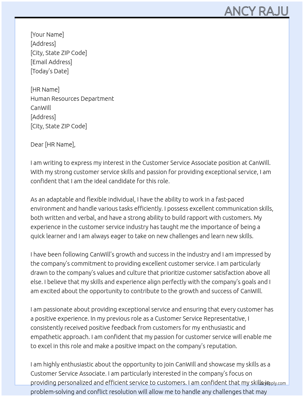 Customer service associate At CanWill Cover Letter