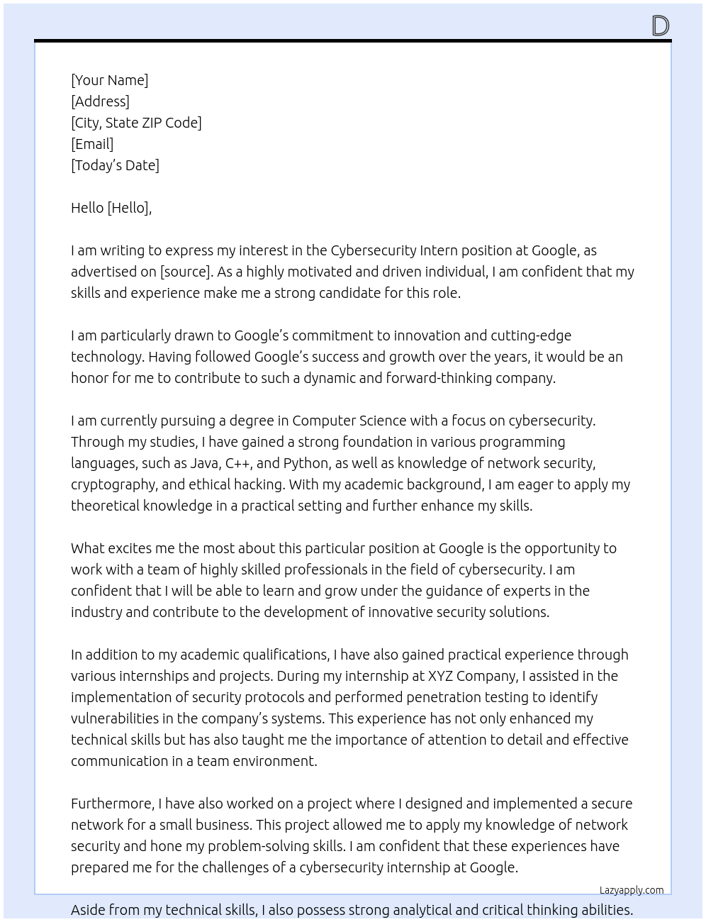 Cybersecurity Intern At google Cover Letter