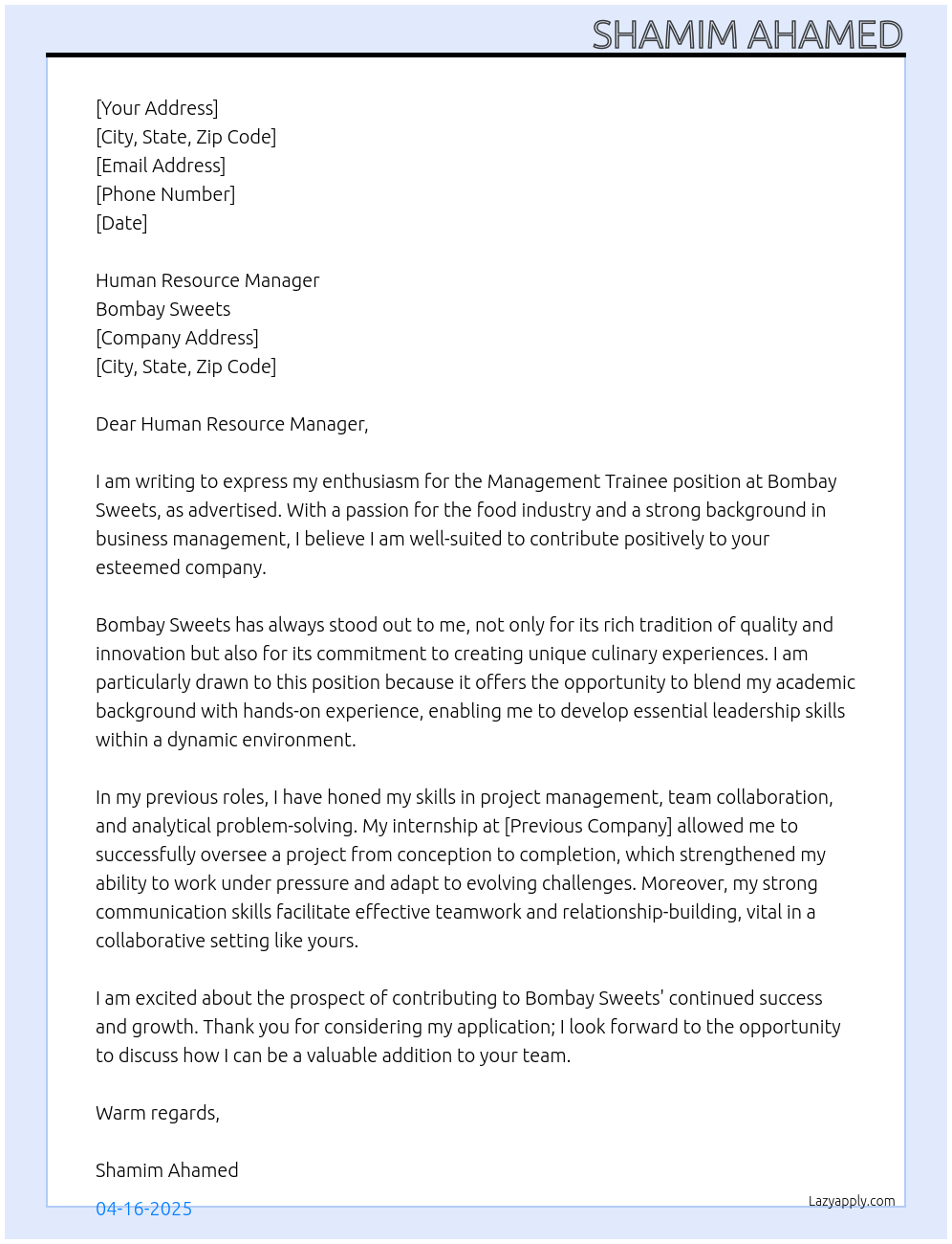 Management Trainee At Bombay Sweets Cover Letter