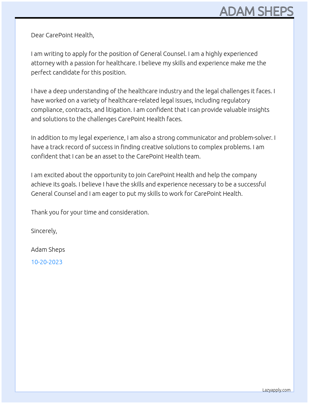 General Counsel At CarePoint Health Cover Letter