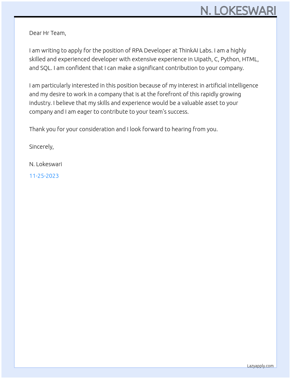 RPA Developer At ThinkAI Labs Cover Letter